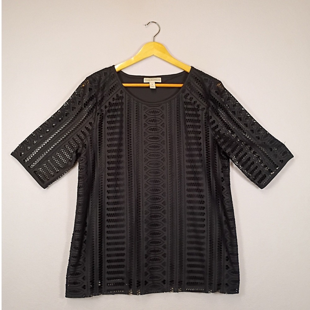 Gothic Chic Dana Buchman Womens Large Black Geometric Lace Lined Blouse Top